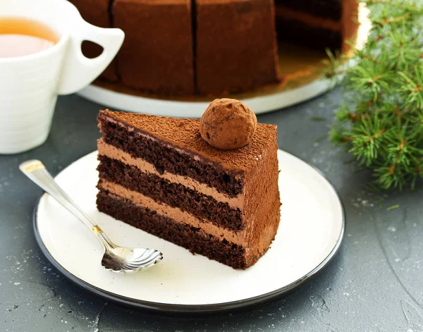 Schokoladenkuchen Ein Stück Schokoladenkuchen Selektiver Fokus — Stockfoto