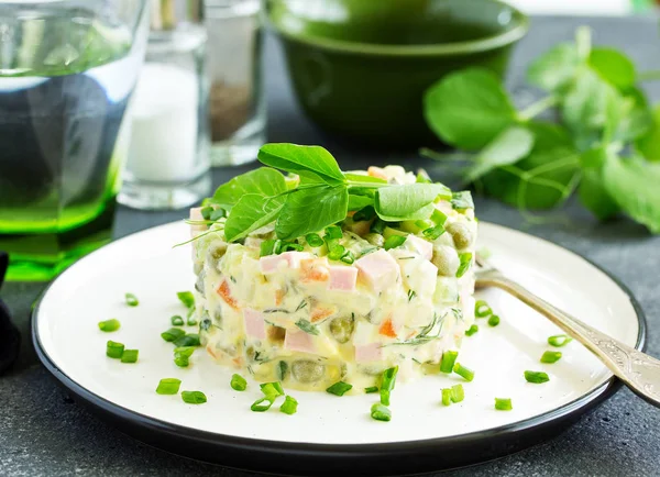 Russian Traditional Salad Olivier Vegetables Sausage — Stock Photo, Image