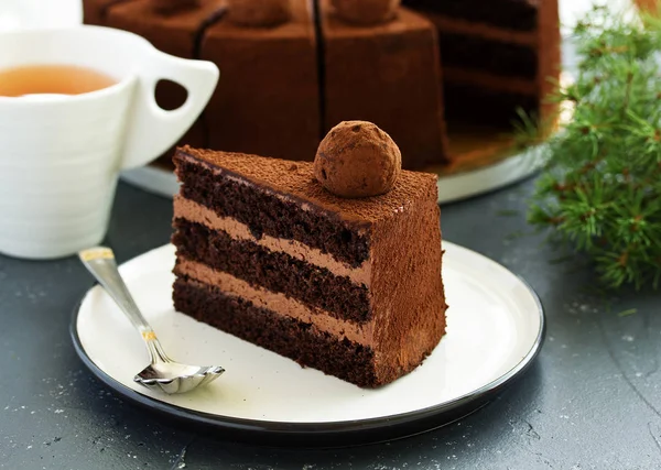 Chocolate cake. A slice of chocolate cake. Selective focus