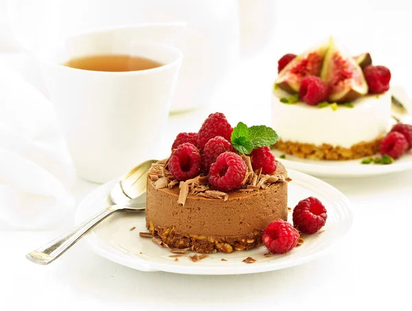Delicious New York Chocolate Cheesecake Raspberries Close — Stock Photo, Image