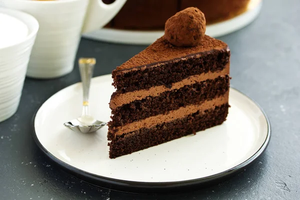 Chocolate cake. A slice of chocolate cake. Selective focus