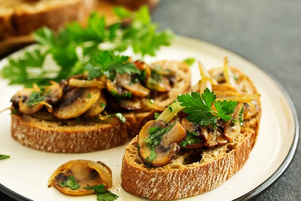 Bruschetta Fried Mushrooms Onions Parsley — Stock Photo, Image