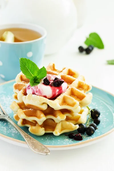 Gofres Caseros Con Una Ramita Grosellas Fondo Blanco — Foto de Stock