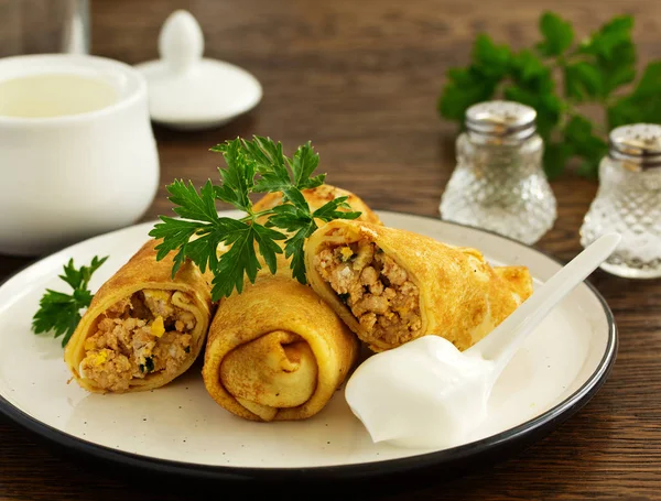 Homemade Pancakes Meat Filling Selective Focus — Stock Photo, Image