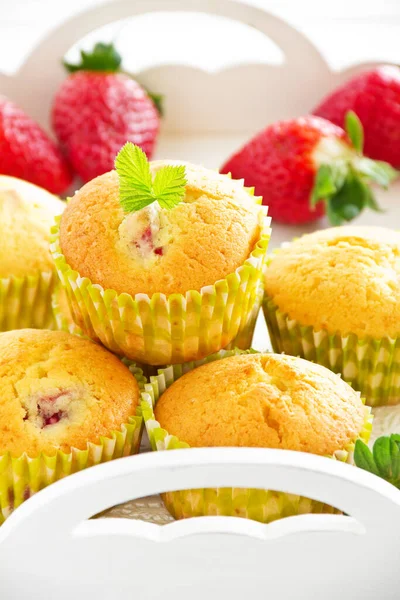 stock image Muffins with fresh strawberries. Selective focus.