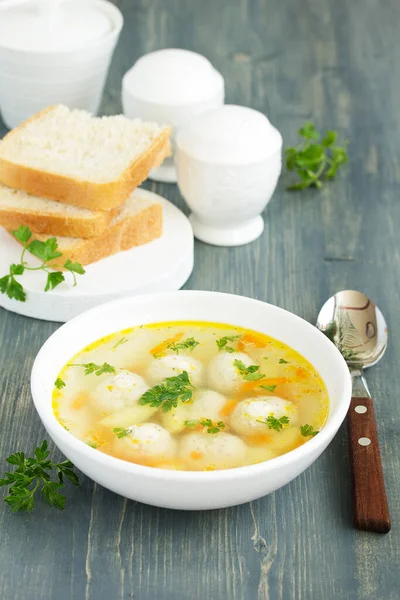 Homemade soup with chicken meatballs. — Stock Image Homemade Soup Chicken Meatballs Royalty Free Stock Photos
