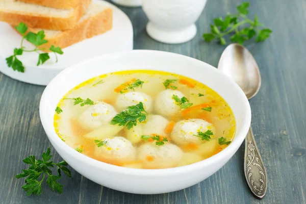 Homemade soup with chicken meatballs. — Stock Image Homemade Soup Chicken Meatballs Royalty Free Stock Photos