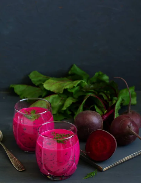 Cold Soup Yogurt Beets Cucumbers Okroshka — Stock Photo, Image