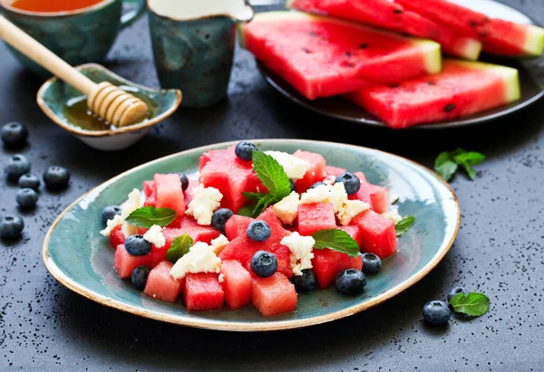 Salad Watermelon Cheese Berries Mint — Stock Photo, Image