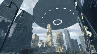 Fütüristik kent üzerinde uçan Ufo