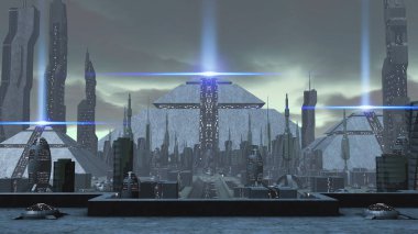 Fütüristik kent üzerinde uçan Ufo