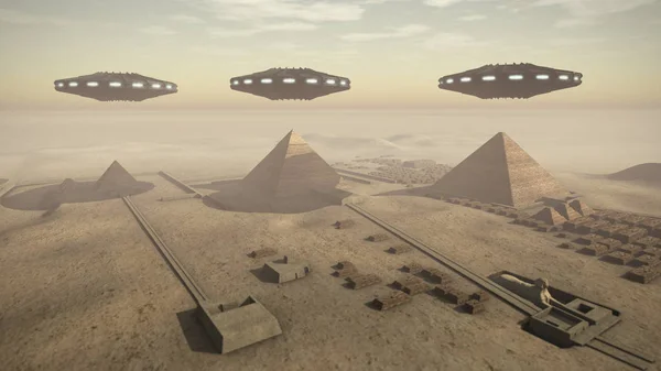 Plataforma de Giza en Egipto con algunos ovnis — Foto de Stock