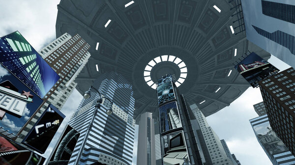 UFO flying above futuristic city illustration