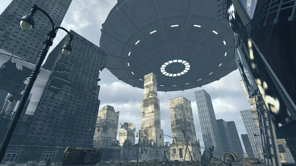 Ufo fliegt über futuristischer Stadt — Stockfoto