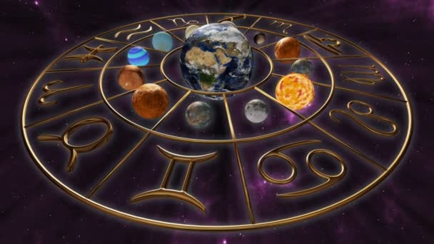 Зодиакальный гороскоп вращается с планетными глобусами — стоковое видео