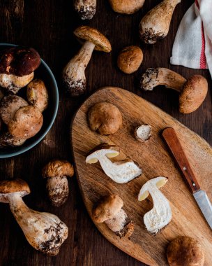Çiğ, yenilebilir çörekler, porcini mantarlar, kırsal, siyah, ahşap torba.