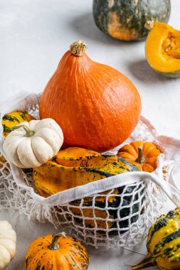 organik balkabakları pamuk torba içinde.