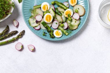 Sağlıklı taze detoks vejetaryen sebze salatası, fotokopi alanı, arka planda üst görünüm. Kuşkonmaz, turp, bezelye, patates, salatalık, mikroyeşil