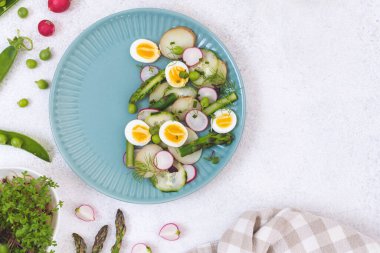 Sağlıklı taze detoks vejetaryen sebze salatası, arka planda üst görünüm. Kuşkonmaz, turp, bezelye, patates, salatalık, mikroyeşil