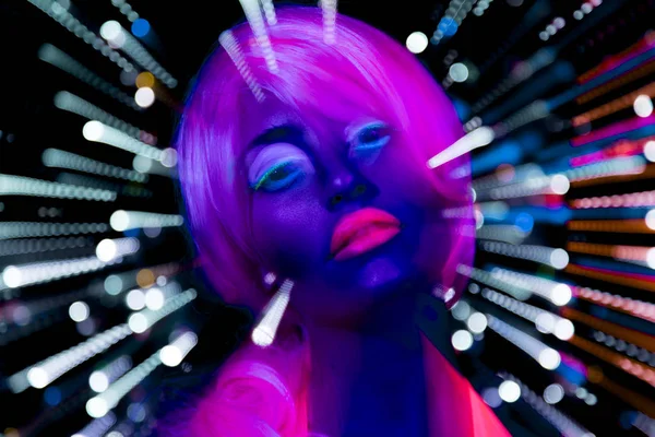 Blask uv neon sexy disco cyber kobiece kobieta lalka — Zdjęcie stockowe