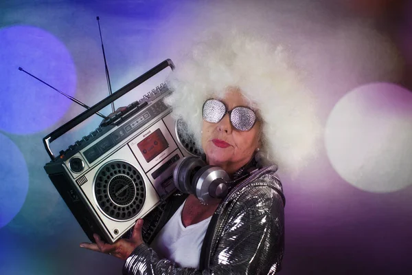 Grandma DJ partying — Stock Photo, Image