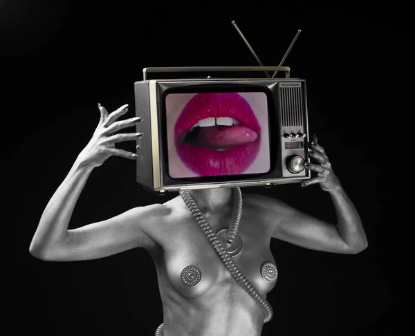 Tv head lips robotic woman dancer — Stock Photo, Image