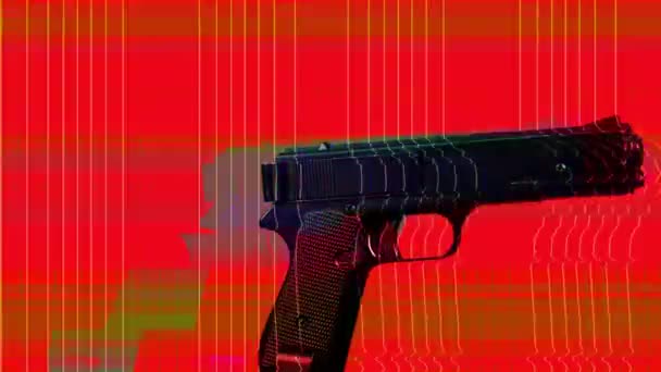 Pistol Hitam Berputar Dengan Efek Glitch — Stok Video