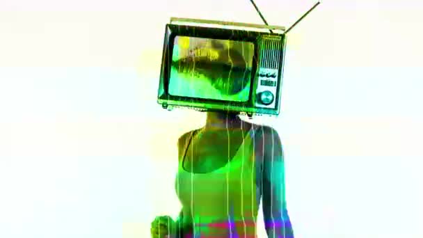 Amazing Woman Dancing Posing Television Head Glitch Effects — Stock Video