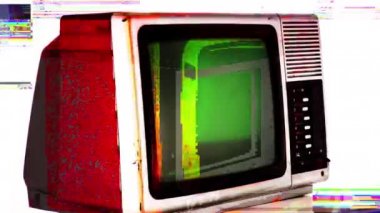 multiple vintage and retro televisions spinning with glitch effect 