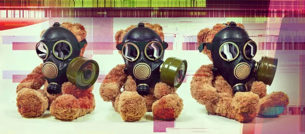 Toy Bear Wearing Respirator Mask Hypnotic Spiral Visuals Eyes White — Stock Photo, Image