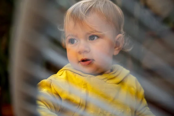 Милая Маленькая Девочка Светлыми Волосами Кричащей Толстовкой Играющая Садовом Патио — стоковое фото