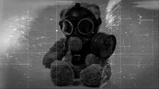 Retro Teddy Bear Toy Gas Mask Noise Effects Video — Stock Video