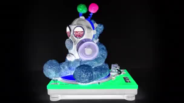 Retro Teddy Bear Toy Gas Mask Hoop Sitting Vinyl Player — Stock Video