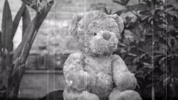 Hnědý Medvídek Nadýchaný Hračka Sedí Židli Balkóně Terasa Rostlinami — Stock video