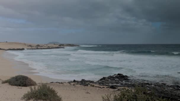 Corralejo sand-dune coast in stormy weather — стоковое видео