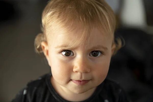 Cute Baby Girl Blond Hair Black Top Posing Indoors — Stock Photo, Image