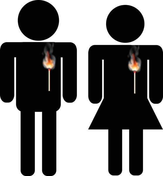 Male and female silhouettes with burning hearts — Stock Photo, Image