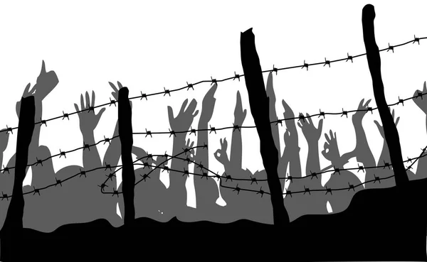 Barbed wire with raised Hands — Stock Photo, Image