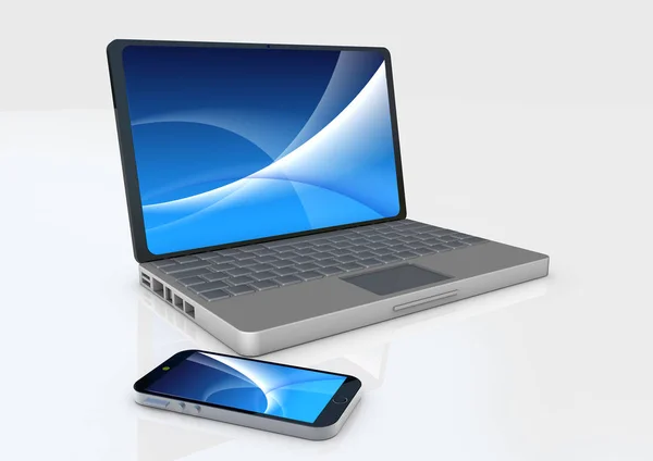Laptop z inteligentny telefon na białym — Zdjęcie stockowe
