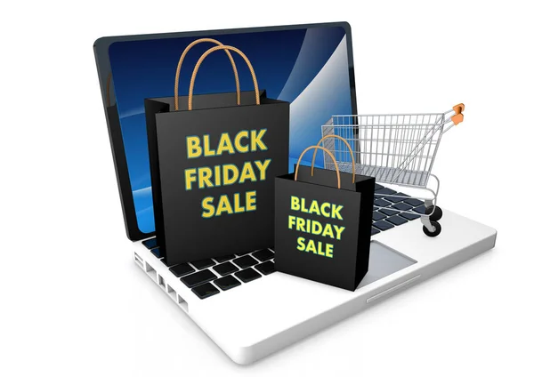 Laptop and black friday shopping bags — Stock Photo, Image