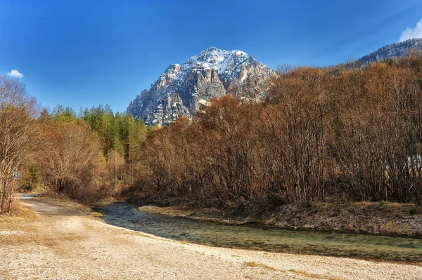 Dolomites dağlarda yaz bir nehir ve ağaç manzara — Stok fotoğraf