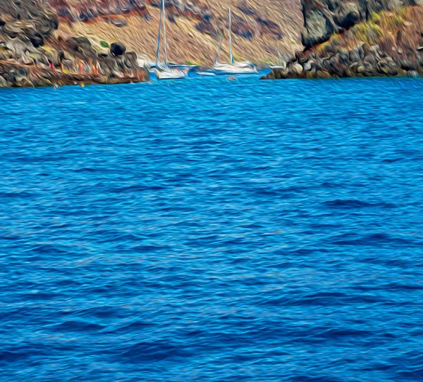Vanaf een boot in Europa Griekenland santorini eiland huis en rotsen — Stockfoto