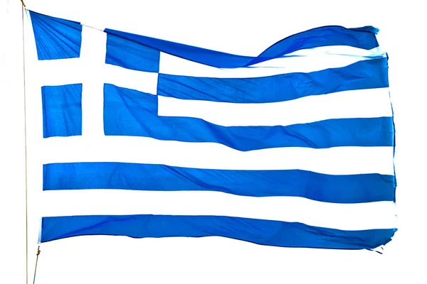 Wapperende vlag van Griekenland in de blauwe lucht en de vlaggenmast wit — Stockfoto