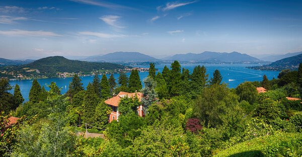 In italy landscape panorama of lake and mountain hill beautiful destination