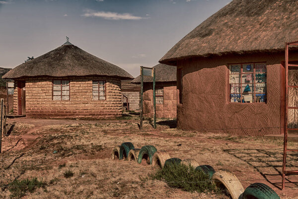  in lesotho  street village near   mountain  