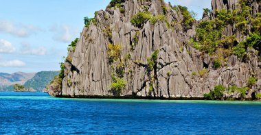 Filipinler 'deki bir tekneden El Nido Palawan yakınlarındaki yılan adasından güzel bir panorama kıyısı denizi ve kaya 