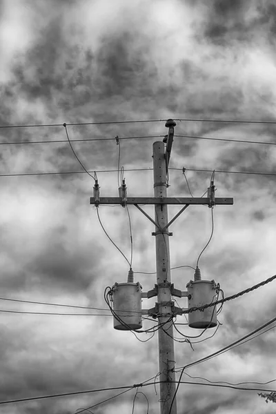 Un poste eléctrico con transformador y alambre el cielo nublado — Foto de Stock
