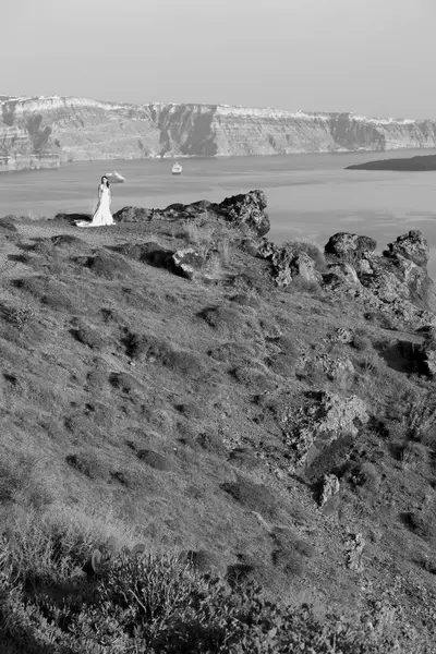 Deniz ve gökyüzü santorini Avrupa gre içinde yalnız kuru bush rock — Stok fotoğraf