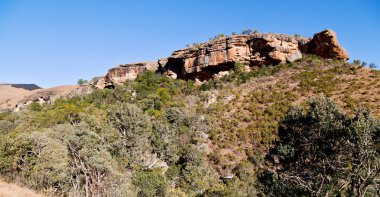 Güney Afrika 'nın ıssız vadisinde bulanık. Kirli yol taşı ağacı ve gökyüzü.