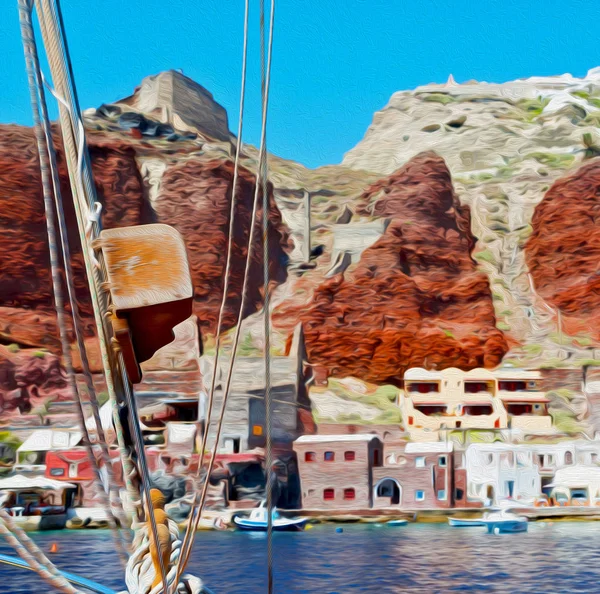 欧洲有一艘船从希腊圣托里尼岛房子和岩石 — 图库照片